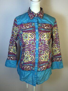 Robert Graham Button Up Shirt Sz S/P Woman Blue Purple Paisley 3/4 Sleeve Cotton